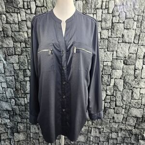 Calvin Klein gray button up blouse with adjustable sleeve length, Large